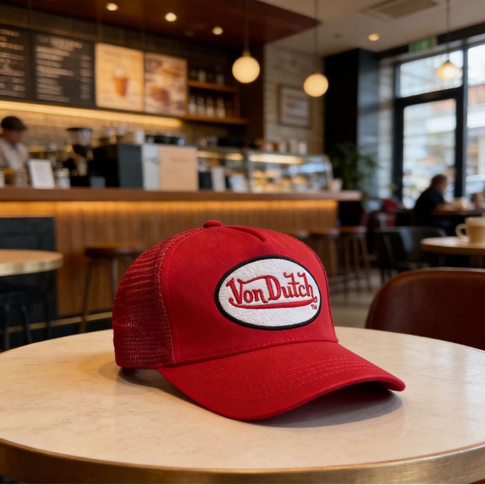 Von Dutch Red Mesh Trucker Hat with Logo Patch